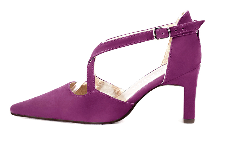 Mulberry purple women's open side shoes, with crossed straps. Tapered toe. High comma heels. Profile view - Florence KOOIJMAN